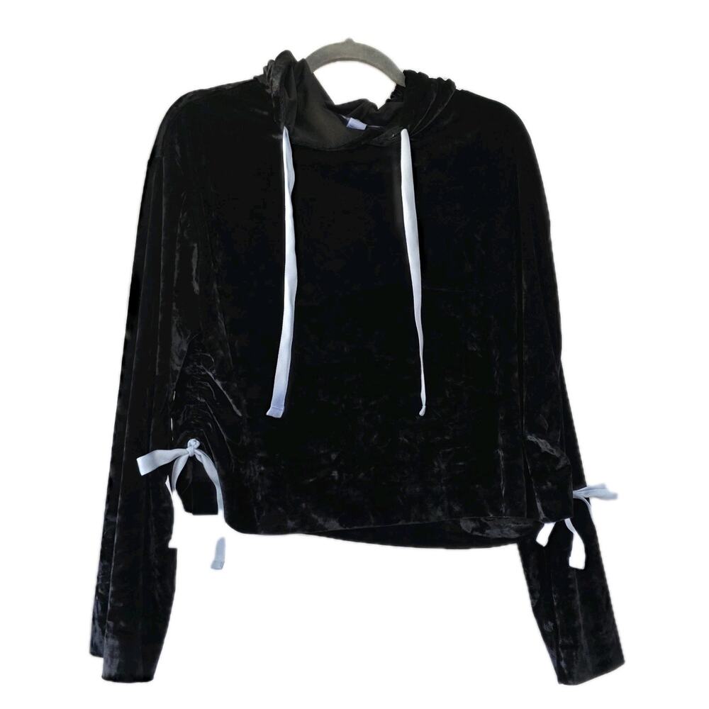 Victoria's Secret Black Crushed Velvet Hoodie Sweatshirt M velour Boxy Fit Bow